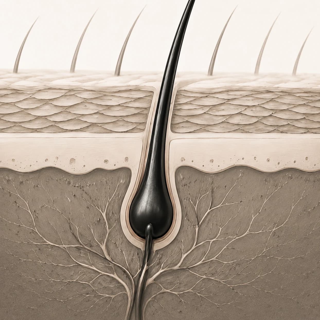 Cross-section of the strand, scalp and follicle