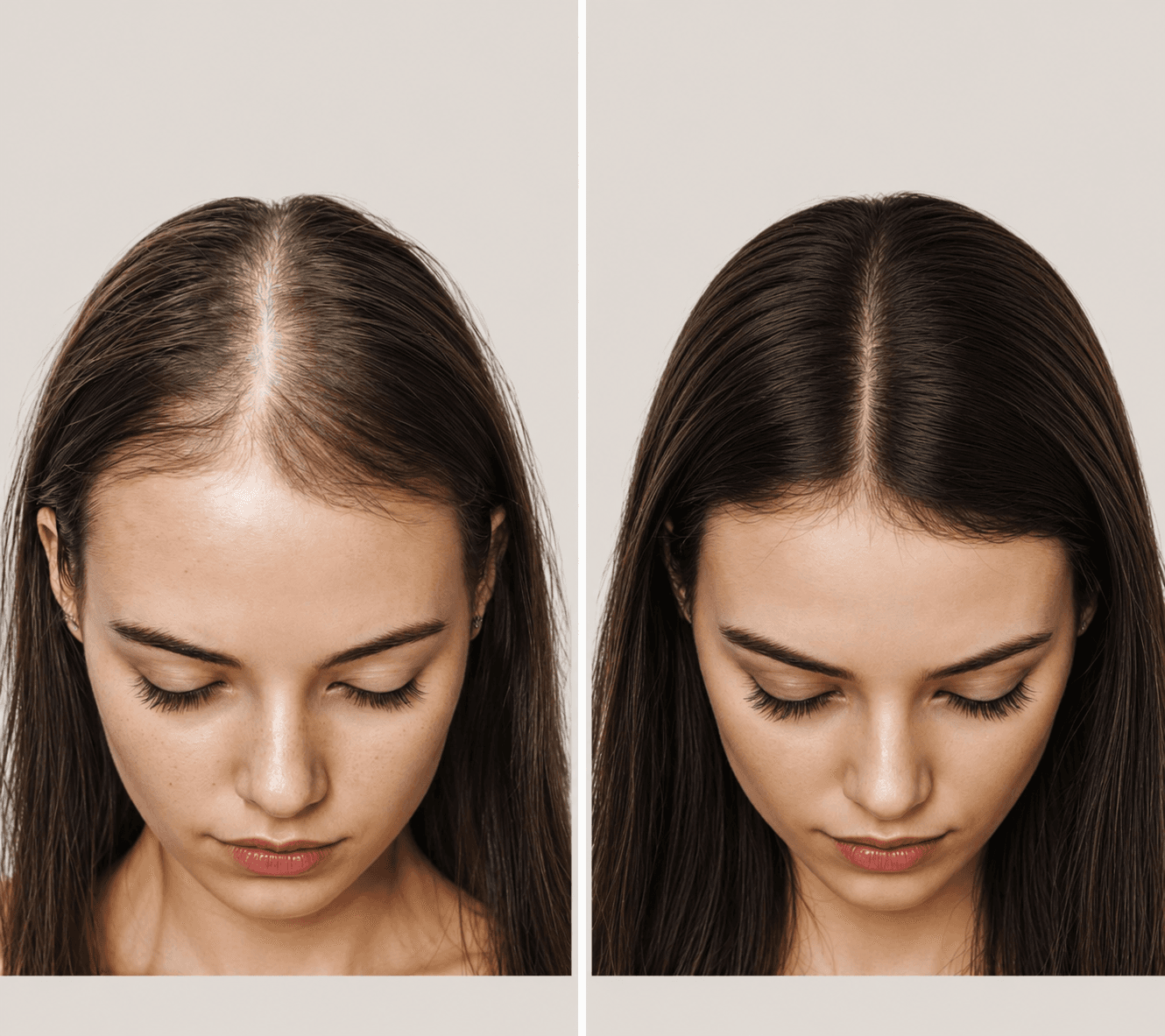 Top-down comparison photograph of a woman. Left: thinning along the part line. Right: noticeably denser coverage along the part.