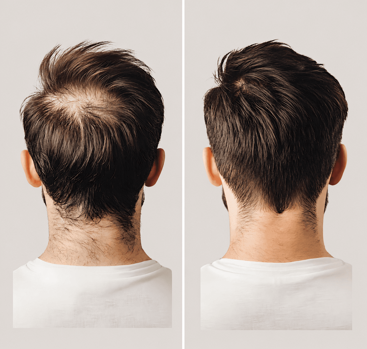 Back-of-head comparison photograph. Left: visible thinning at the crown. Right: full, restored crown coverage.