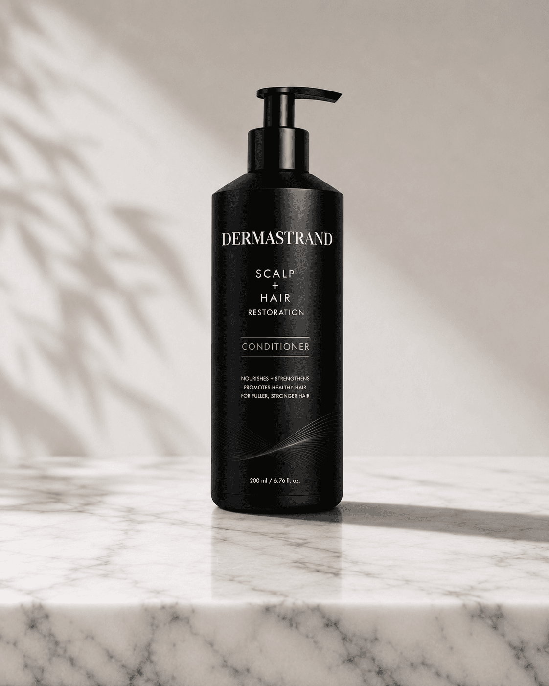 DERMASTRAND restoration conditioner on a marble surface